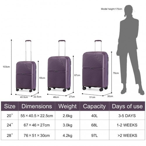 Easy Luggage K2393L - British Traveller 3 Pcs Set Spinner Hard Shell PP Suitcase With TSA Lock - Purple