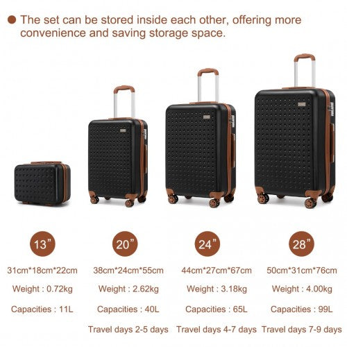 Easy Luggage K2394L - Kono Flexible Hard Shell ABS Suitcase With TSA Lock And Vanity Case 4 Piece Set - Black