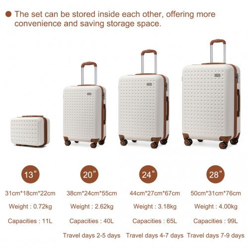 Easy Luggage K2394L - Kono Flexible Hard Shell ABS Suitcase With TSA Lock And Vanity Case 4 Piece Set - Cream