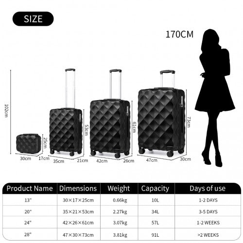 Easy Luggage K2395L - British Traveller Ultralight ABS And Polycarbonate Bumpy Diamond 4 Pcs Luggage Set With TSA Lock - Black