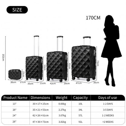 Easy Luggage K2395L - British Traveller Ultralight ABS And Polycarbonate Bumpy Diamond 4 Pcs Luggage Set With TSA Lock - Black