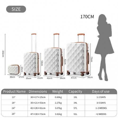 Easy Luggage K2395L - British Traveller Ultralight ABS And Polycarbonate Bumpy Diamond 4 Pcs Luggage Set With TSA Lock - Cream