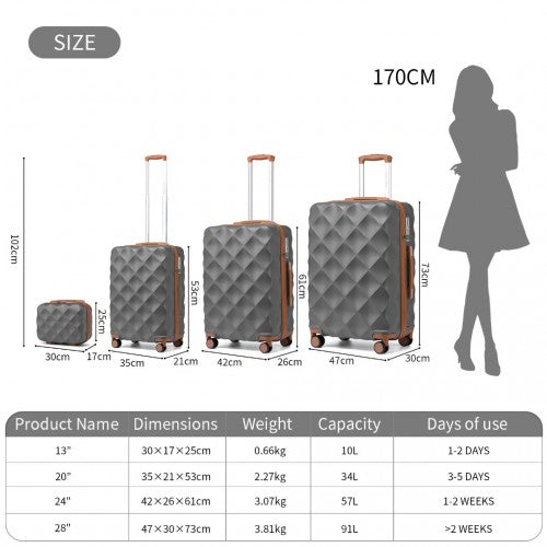 Easy Luggage K2395L - British Traveller Ultralight ABS And Polycarbonate Bumpy Diamond 4 Pcs Luggage Set With TSA Lock - Grey And Brown