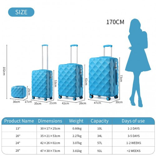Easy Luggage K2395L - British Traveller Ultralight ABS And Polycarbonate Bumpy Diamond 4 Pcs Luggage Set With TSA Lock - Blue