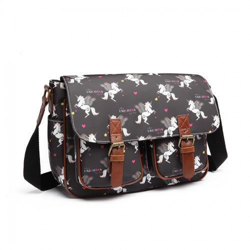 Easy Luggage L1107 UN - Miss Lulu Matte Oilcloth Unicorn Satchel - Black