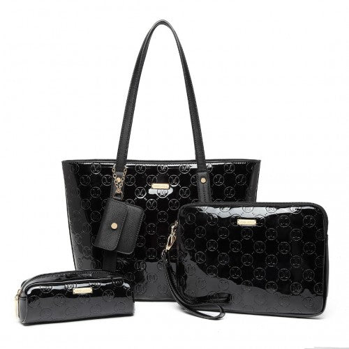 Easy Luggage LD2217 - Miss Lulu 4 Pieces Glossy Leather Tote Bag Set - Black