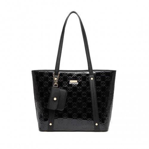 LD2217 Miss Lulu 4 Pieces Glossy Leather Tote Bag Set Black Easy Luggage
