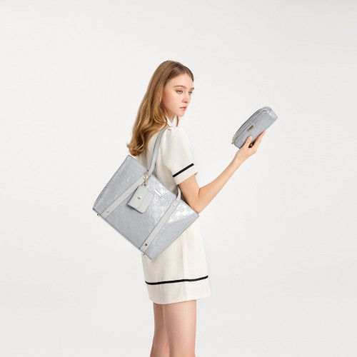 LD2217 Miss Lulu 4 Pieces Glossy Leather Tote Bag Set Grey Easy Luggage