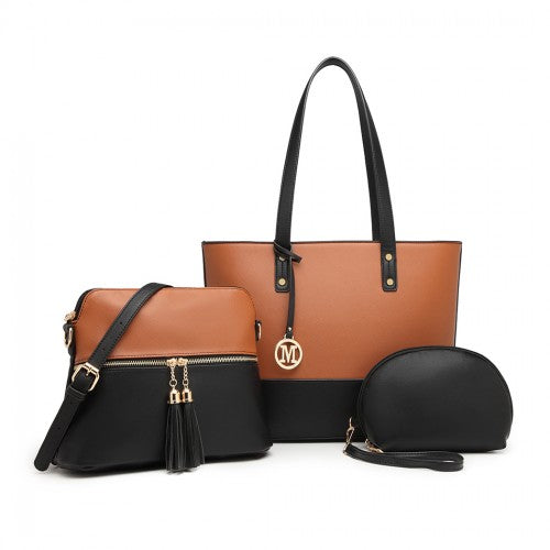 Easy Luggage LG2023 - Miss Lulu 3 Piece Leather Look Tote Bag Set - Black And Brown