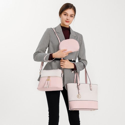 Easy Luggage LG2023 - Miss Lulu 3 Piece Leather Look Tote Bag Set - Pink And Beige