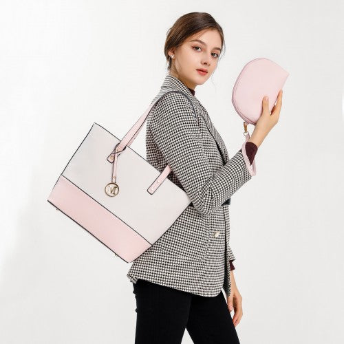 Easy Luggage LG2023 - Miss Lulu 3 Piece Leather Look Tote Bag Set - Pink And Beige