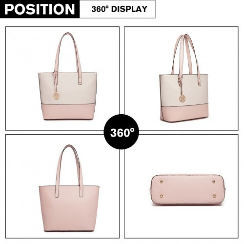 Easy Luggage LG2023 - Miss Lulu 3 Piece Leather Look Tote Bag Set - Pink And Beige