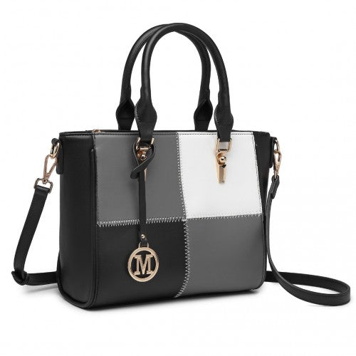 Easy Luggage LG2214 - Miss Lulu Muti-Colour Combination Handbag Tote Bag - Black