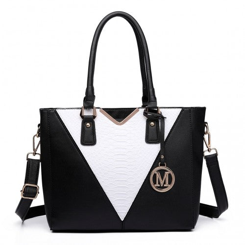 Easy Luggage LG6632 - Miss Lulu Leather Look V-Shape Multicolour Tote Bag - Black