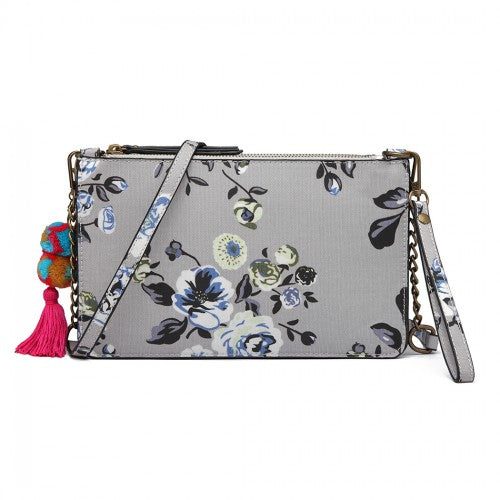 Easy Luggage LG6803-MISS LULU CANVAS WITH POMPOM PENDANT HANDBAG SHOULDER BAG GREY