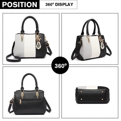 Easy Luggage LG6866 - Miss Lulu Leather Look Colour Block Bow Pendant Handbag - Black
