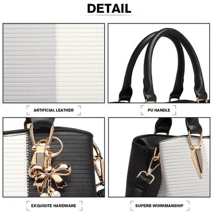 Easy Luggage LG6866 - Miss Lulu Leather Look Colour Block Bow Pendant Handbag - Black