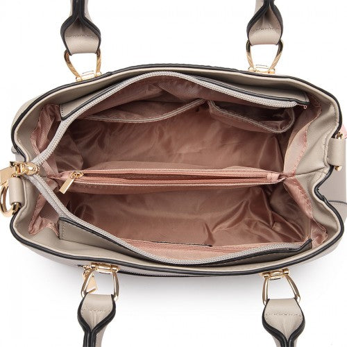 Easy Luggage LG6866 - Miss Lulu Leather Look Colour Block Bow Pendant Handbag - Grey