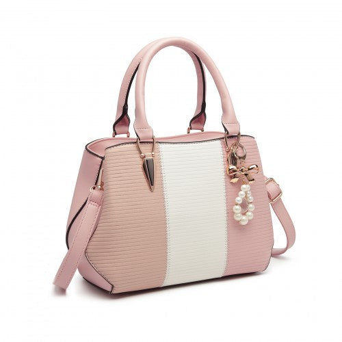 Easy Luggage LG6866 - Miss Lulu Leather Look Colour Block Bow Pendant Handbag - Pink