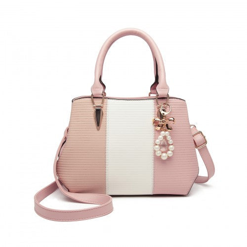Easy Luggage LG6866 - Miss Lulu Leather Look Colour Block Bow Pendant Handbag - Pink