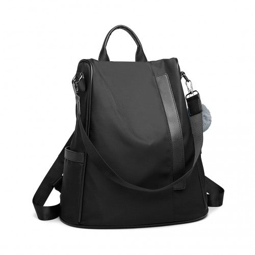 Easy Luggage LG6917 - Miss Lulu Two Way Anti-theft Backpack with Pom Pom Pendant - Black