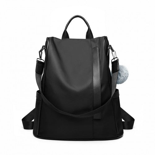 Easy Luggage LG6917 - Miss Lulu Two Way Anti-theft Backpack with Pom Pom Pendant - Black