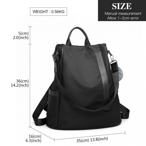 Easy Luggage LG6917 - Miss Lulu Two Way Anti-theft Backpack with Pom Pom Pendant - Black
