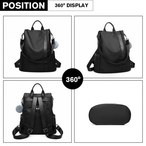 Easy Luggage LG6917 - Miss Lulu Two Way Anti-theft Backpack with Pom Pom Pendant - Black