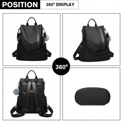 Easy Luggage LG6917 - Miss Lulu Two Way Anti-theft Backpack with Pom Pom Pendant - Black