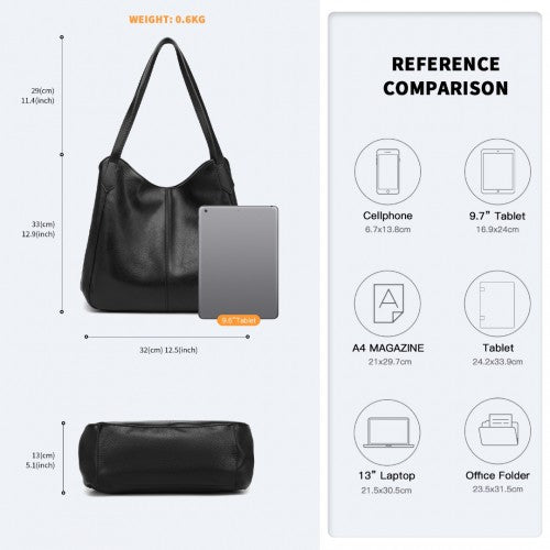 Easy Luggage LH2230 - Miss Lulu Soft Leather Multiple Pocket Tote Shoulder Bag - Black