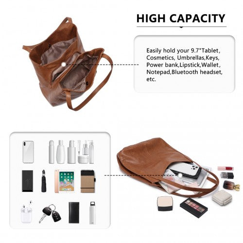 Easy Luggage LH2230 - Miss Lulu Soft Leather Multiple Pocket Tote Shoulder Bag - Brown