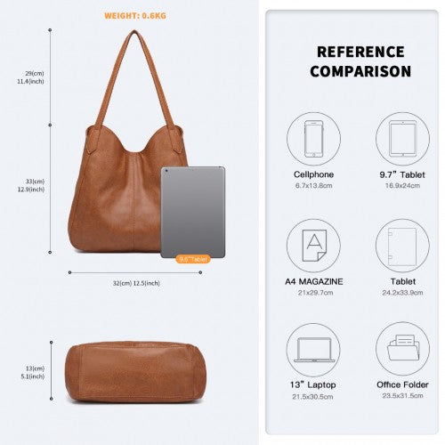 Easy Luggage LH2230 - Miss Lulu Soft Leather Multiple Pocket Tote Shoulder Bag - Brown