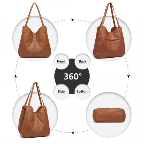 Easy Luggage LH2230 - Miss Lulu Soft Leather Multiple Pocket Tote Shoulder Bag - Brown