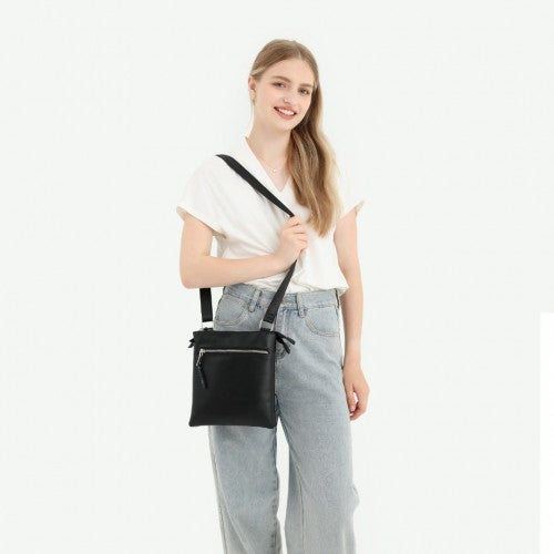 Easy Luggage LH2301 - Miss Lulu Double Compartment Lightweight Leather Crossbody bag - Black