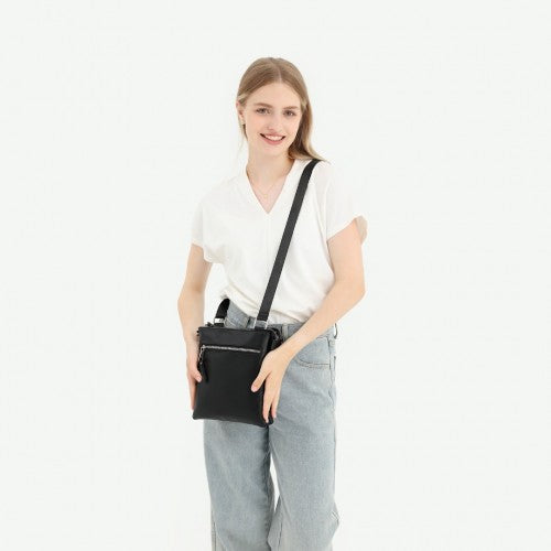 Easy Luggage LH2301 - Miss Lulu Double Compartment Lightweight Leather Crossbody bag - Black