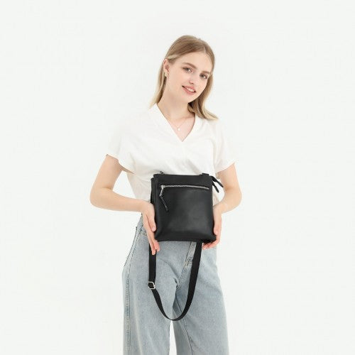 Easy Luggage LH2301 - Miss Lulu Double Compartment Lightweight Leather Crossbody bag - Black