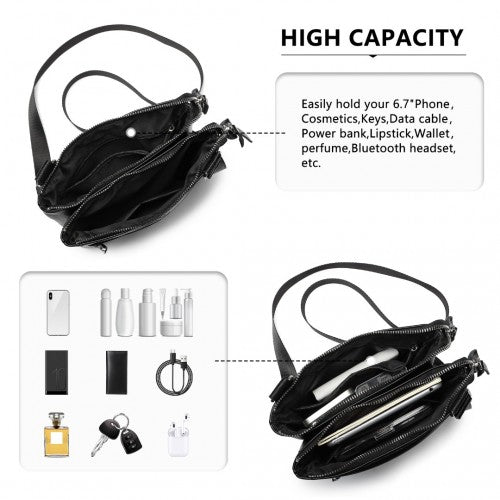 Easy Luggage LH2301 - Miss Lulu Double Compartment Lightweight Leather Crossbody bag - Black