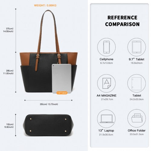 Easy Luggage LM1642-1 - Miss Lulu Faux Leather Adjustable Handle Tote Bag - Black And Brown