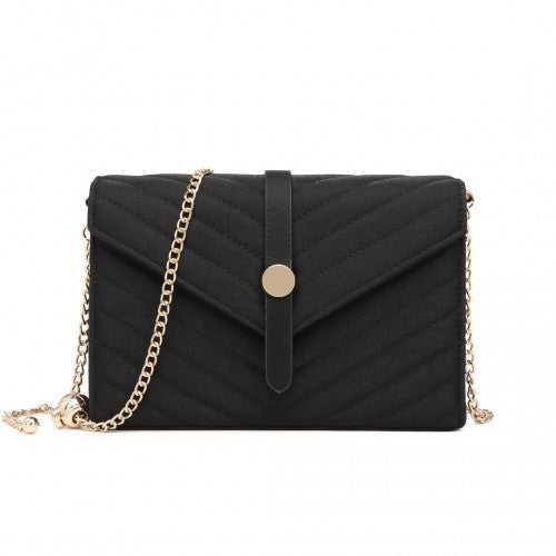 Easy Luggage LP2205 - Miss Lulu V-stitched Flap Leather Chain Bag - Black