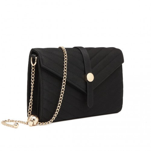 Easy Luggage LP2205 - Miss Lulu V-stitched Flap Leather Chain Bag - Black