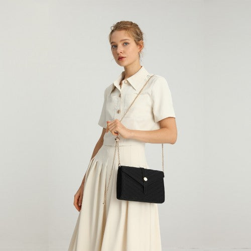 Easy Luggage LP2205 - Miss Lulu V-stitched Flap Leather Chain Bag - Black