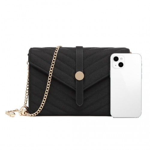 Easy Luggage LP2205 - Miss Lulu V-stitched Flap Leather Chain Bag - Black