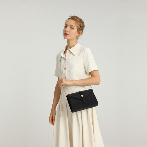 Easy Luggage LP2205 - Miss Lulu V-stitched Flap Leather Chain Bag - Black