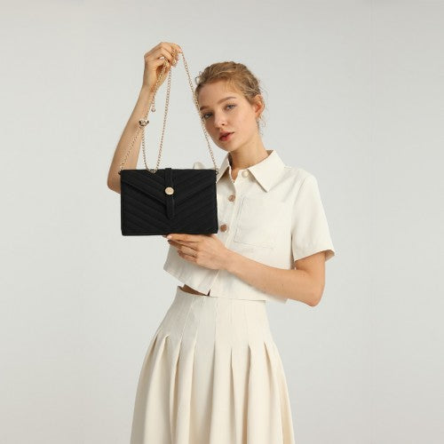 Easy Luggage LP2205 - Miss Lulu V-stitched Flap Leather Chain Bag - Black