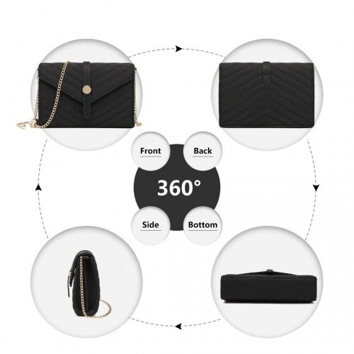 Easy Luggage LP2205 - Miss Lulu V-stitched Flap Leather Chain Bag - Black