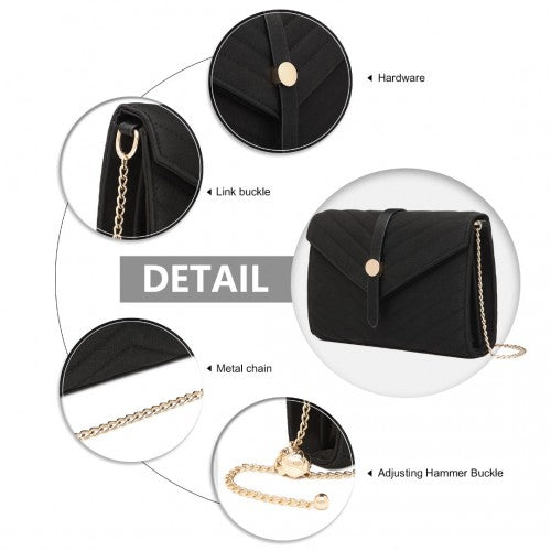 Easy Luggage LP2205 - Miss Lulu V-stitched Flap Leather Chain Bag - Black