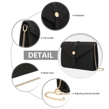 Easy Luggage LP2205 - Miss Lulu V-stitched Flap Leather Chain Bag - Black