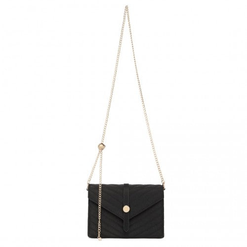 Easy Luggage LP2205 - Miss Lulu V-stitched Flap Leather Chain Bag - Black
