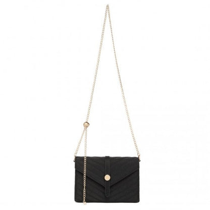 Easy Luggage LP2205 - Miss Lulu V-stitched Flap Leather Chain Bag - Black