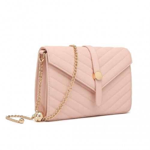 Easy Luggage LP2205 - Miss Lulu V-stitched Flap Leather Chain Bag - Pink